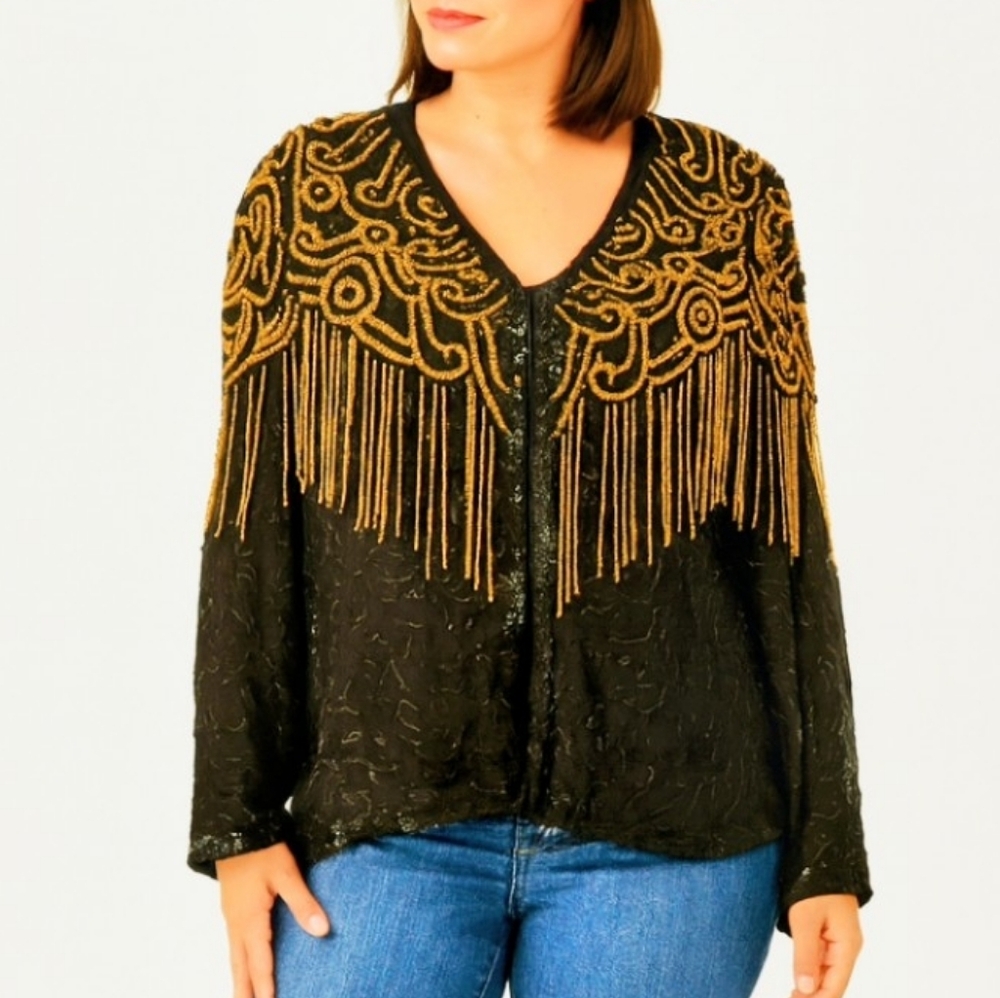 Chic Western Beaded Fringe 100% Pure Silk V-Neck Evening Jacket XL Rodeo Cowgirl